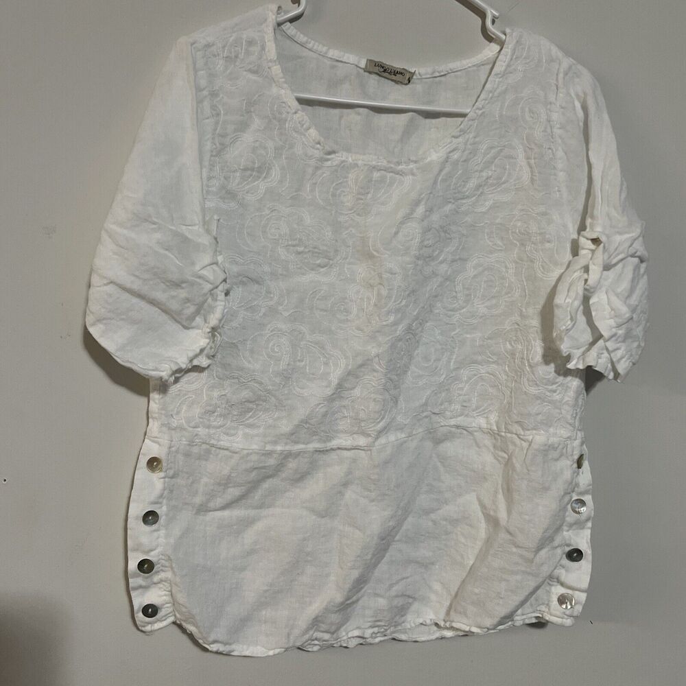 Lungo L'arno Linen Top Women’s S Roll Tab Sleeve‎ Side Buttons Embroidery White